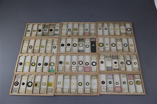 A collection of 19th century and later microscope slides,